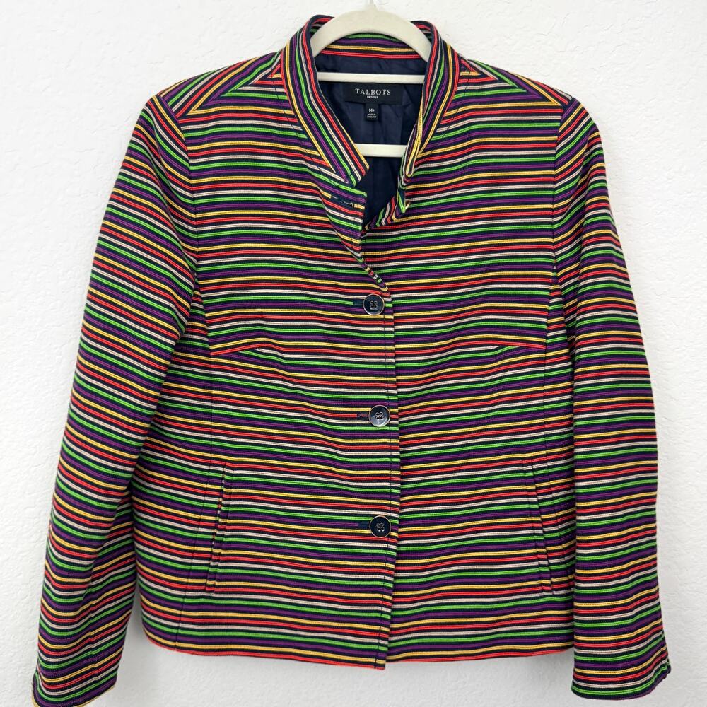 Talbots Womens Blazer Jacket Size 14P Striped Textured Career Office Multi Color